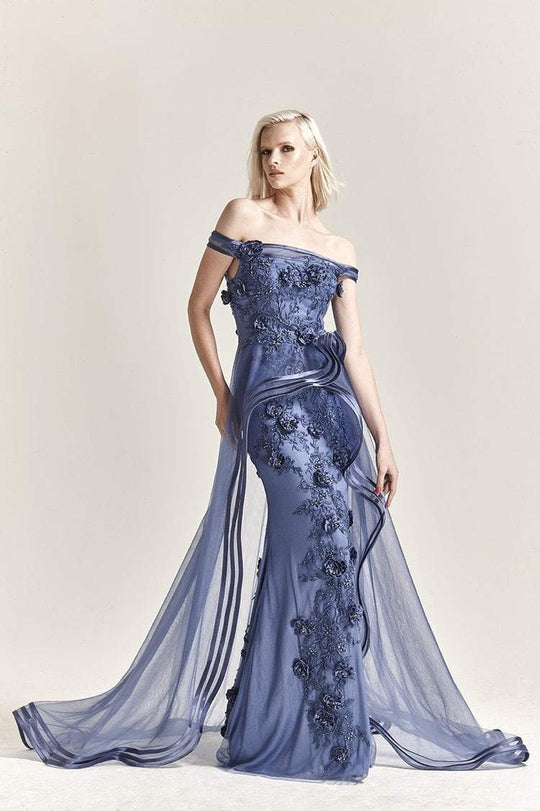 Park 108 - M215 Floral Applique Off-Shoulder Trumpet Dress In Blue