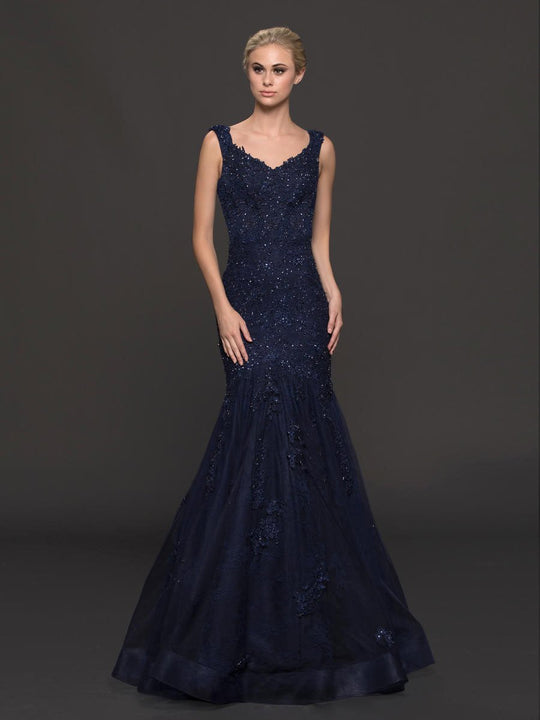 Marsoni by Colors - M215 Bejeweled Lace V-neck Trumpet Dress In Blue