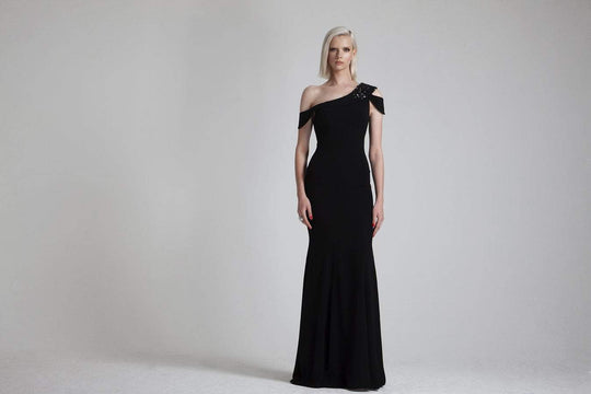 Park 108 - M216 Jewel-Ornate Asymmetrical Draped Crepe Gown In Black