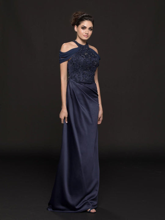 Marsoni by Colors - M216 Embellished Halter Satin Chiffon Sheath Dress In Blue