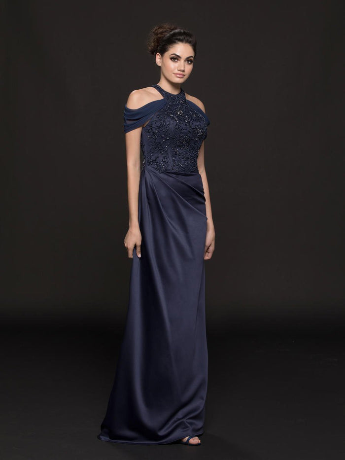 Marsoni by Colors - M216 Embellished Halter Satin Chiffon Sheath Dress In Blue