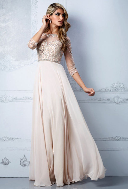 Terani Couture - M2204 Embellished Illusion Bateau A-line Dress in Neutral