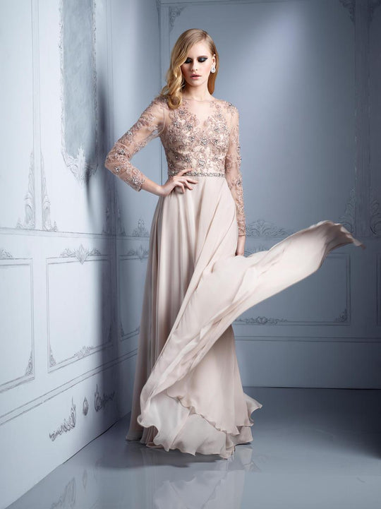 Terani Couture - Embroidered Illusion Bateau Gown M2205W in Neutral
