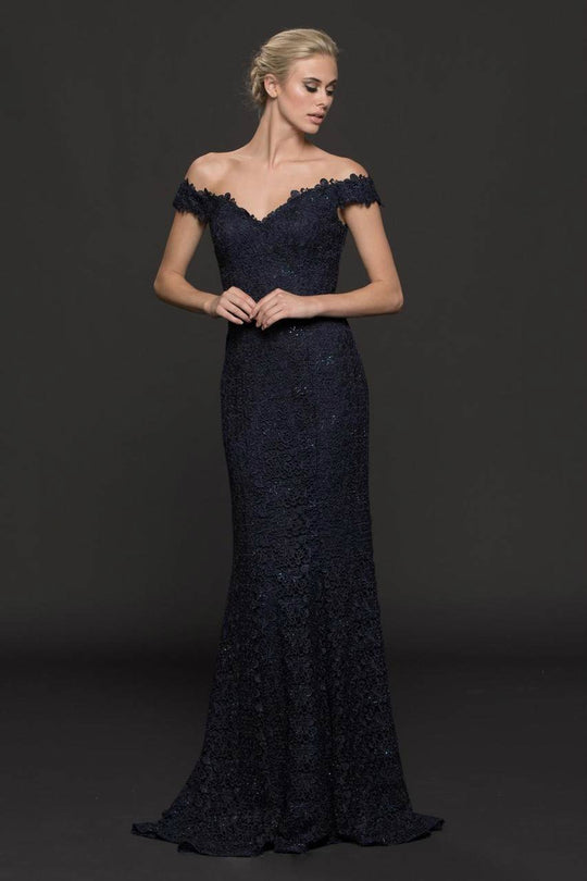 Marsoni by Colors - M221 Lace Off-Shoulder Sheath Dress In Blue