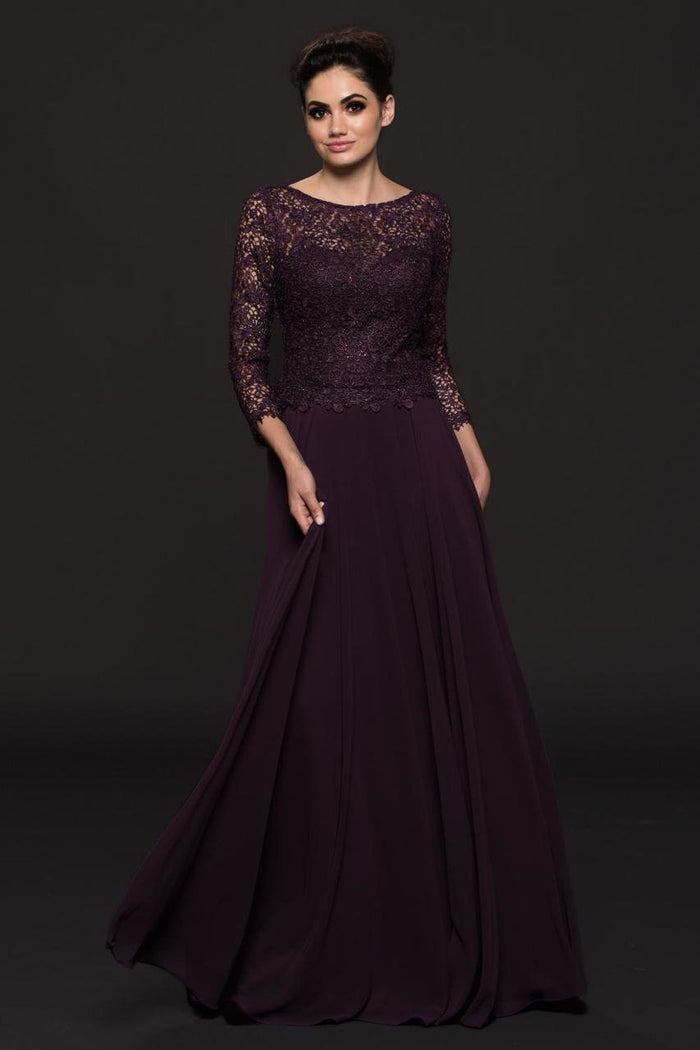 Marsoni by Colors - M223 Embroidered Quarter Length Sleeves Dress In Purple