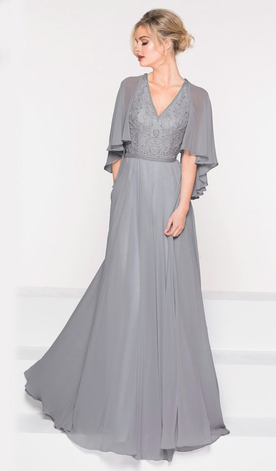 Marsoni by Colors - M230 Asymmetrical Caped Sleeve Chiffon Gown in Gray