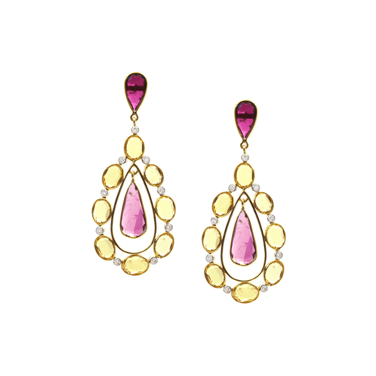 Tresor Collection - Pink Tourmaline and Yellow Beryl Diamond Teardrop Long Earrings in 18K Yellow Gold