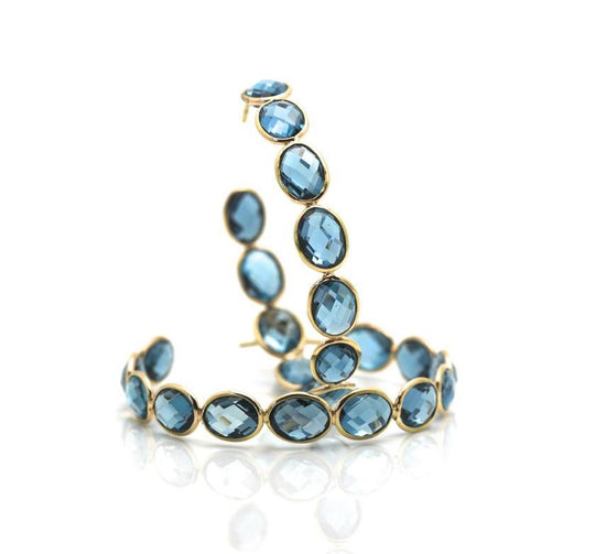 London Blue Topaz Oval Hoop Earrings In 18K Yellow Gold