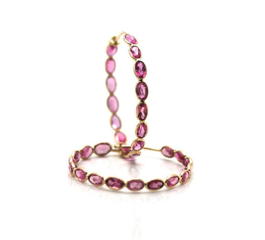 Pink Tourmaline Oval Hoop Earrings In 18K Yellow Gold