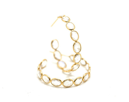 Rainbow Moonstone Oval Hoop Earrings In 18K Yellow Gold