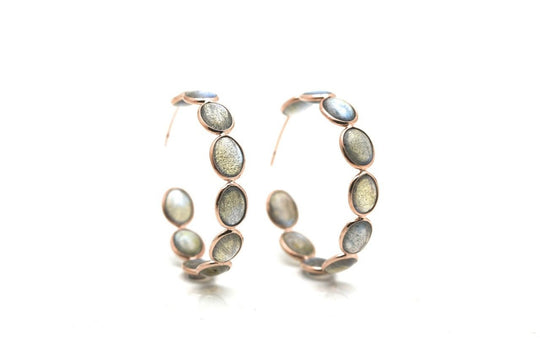 18k Yellow Gold Medium Gemstone Hoop Earrings in Labradorite