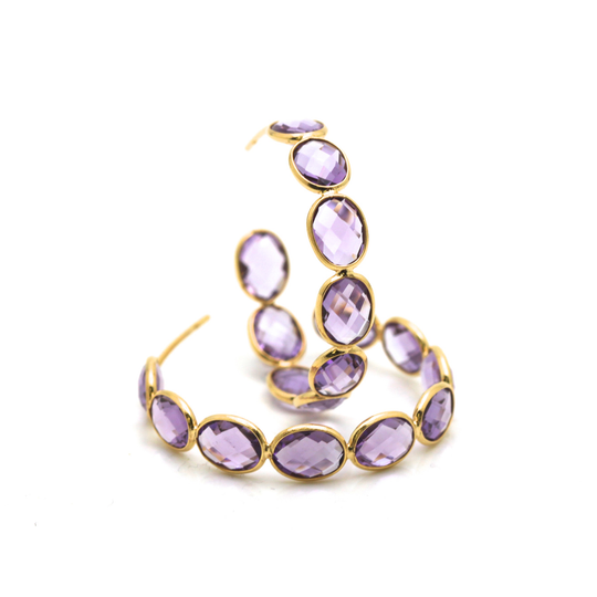 18k Yellow Gold Medium Gemstone Hoop Earrings in Amethyst