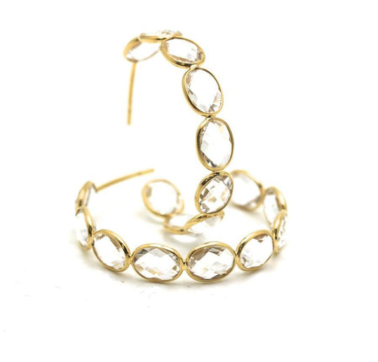 18k Yellow Gold Medium Gemstone Hoop Earrings in Crystal Quartz