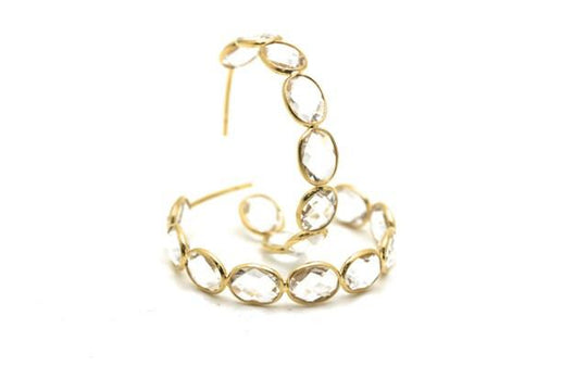 18k Yellow Gold Medium Gemstone Hoop Earrings in Rainbow Moonstone