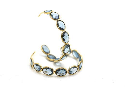 18k Yellow Gold Medium Gemstone Hoop Earrings in London Blue Topaz