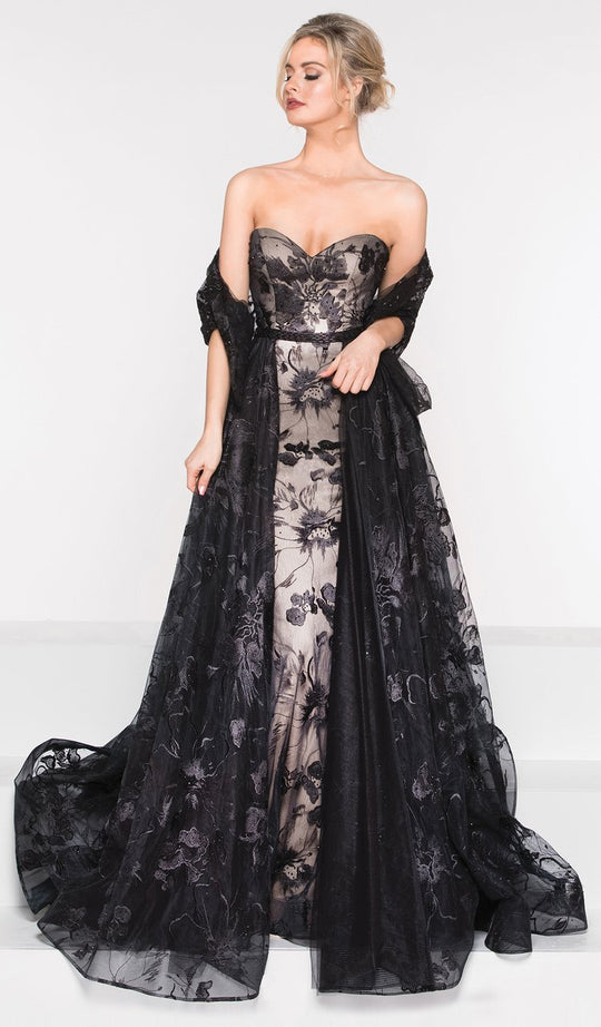Marsoni by Colors - M231 Strapless Floral Lace Overskirt Gown in Black and Neutral
