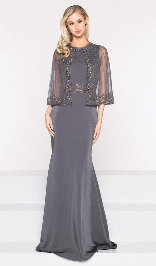 Marsoni by Colors - M232 Jeweled Cape Long Faille Gown in Gray