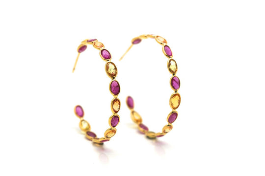 Pink Tourmaline & Yellow Sapphire Hoop Earring In 18K Yellow Gold