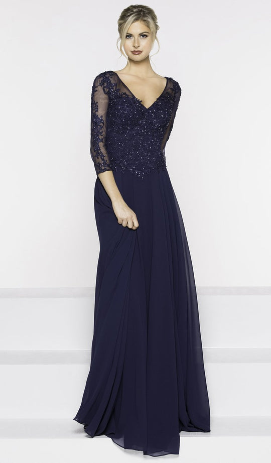 Marsoni by Colors - M233 Ornate Lace Appliqued Quarter Sleeve Gown in Blue