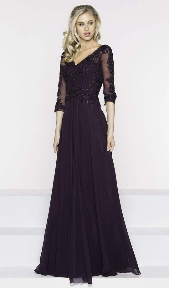 Marsoni by Colors - M237 V-Neck Beaded Lace Applique Chiffon Dress in Purple