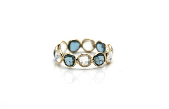 London Blue Topaz & Rainbow Moonstone Round Ring Bands In 18K Yellow Gold