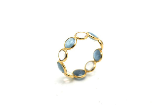 Aquamarine & Rainbow Moonstone Round Stackable Ring Band In 18K Yellow Gold