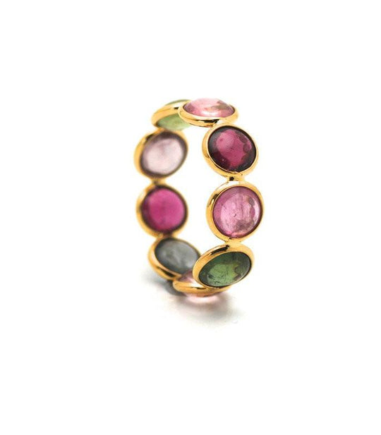 Multicolor Tourmaline Round Stackable Ring Band In 18K Yellow Gold
