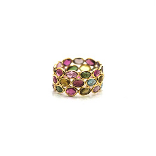 Multicolor Tourmaline Triple Row Ring In 18K Yellow Gold