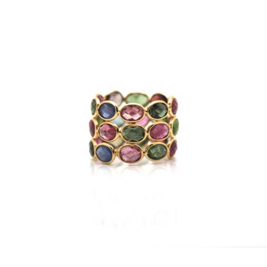 Multicolor Tourmaline Triple Row Ring in 18K Yellow Gold