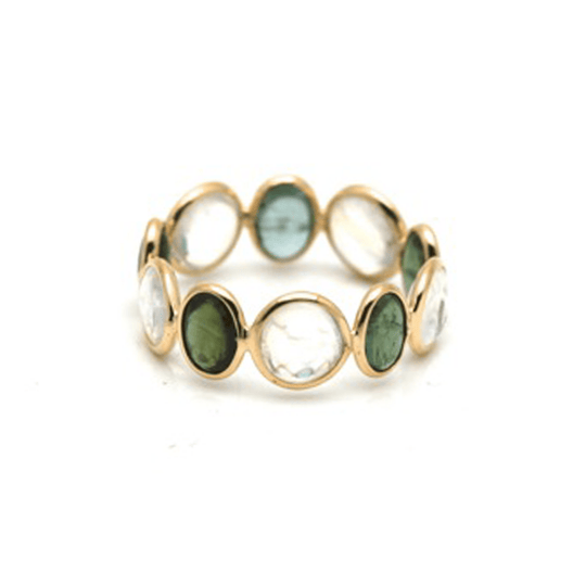 Tresor Collection - Rainbow Moonstone and Green Tourmaline Stackable Ring Band in 18K Yellow Gold