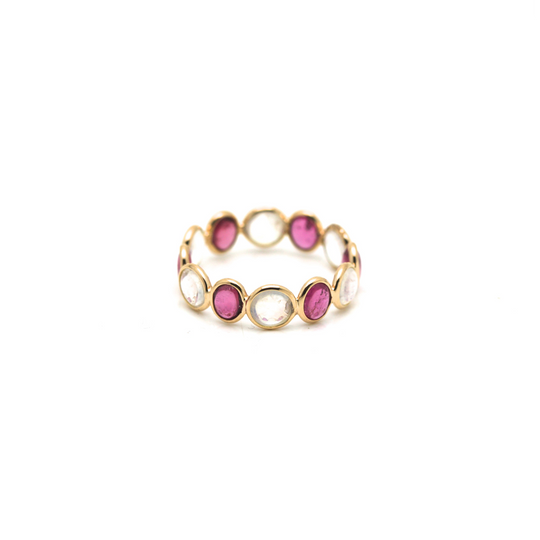 Rainbow Moonstone & Pink Tourmaline Stackable Ring Band in 18K Yellow Gold