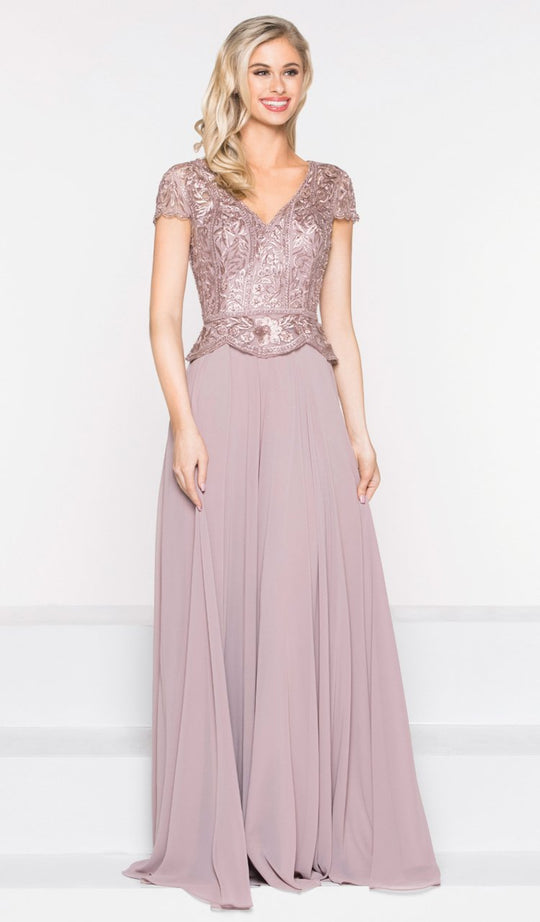 Marsoni by Colors - M243 Short Sleeve Embroidered Peplum Chiffon Gown in Pink