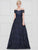 Marsoni By Colors - M247 Ruched Crisscross-Waist Lace Long Gown In Blue