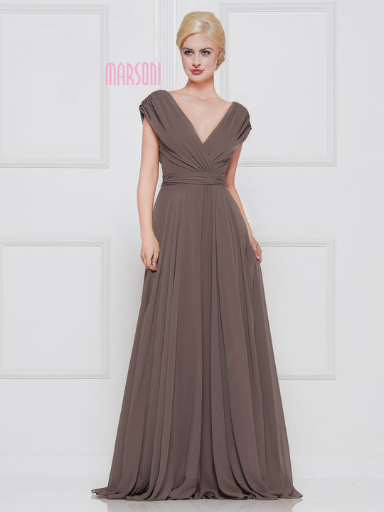 Marsoni By Colors - M251 Gathered V Neck Off Shoulder A-Line Gown In Brown