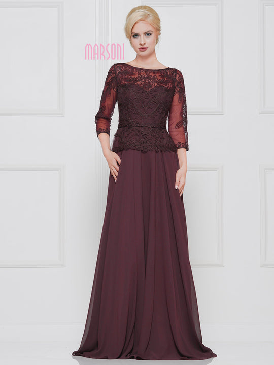 Marsoni By Colors - M254 Embroidered Lace Sheer Sleeves Chiffon Gown In Red