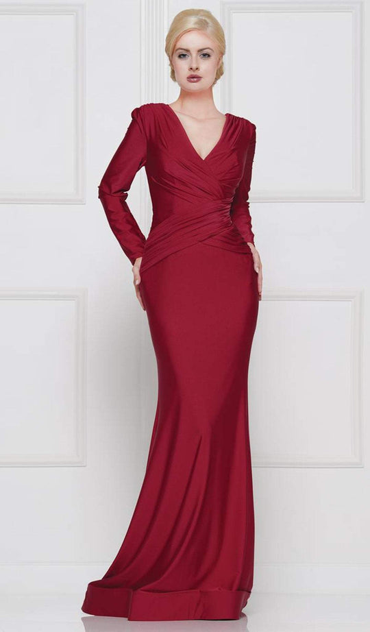 Marsoni by Colors - M257 Long Sleeve V-neck Satin Trumpet Dress In Red