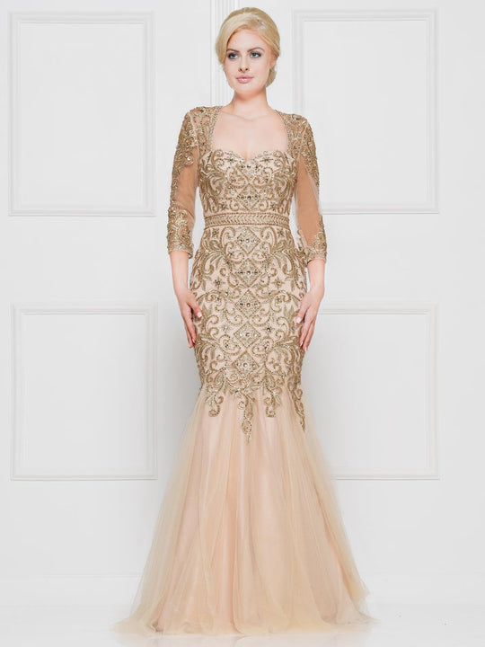 Marsoni By Colors - M263 Quarter Sleeve Bead-Appliqued Trumpet Gown In Neutral