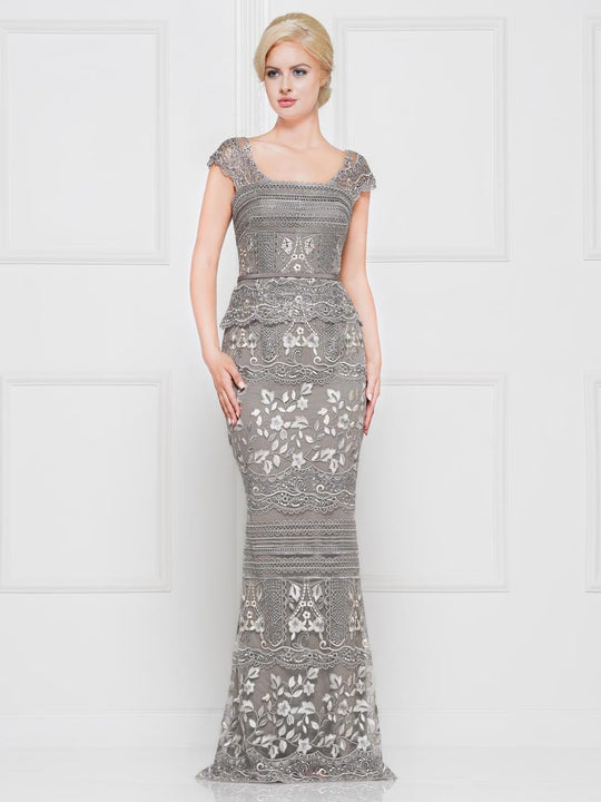 Marsoni By Colors - M264 Lace Square Neck Trumpet Dress In Gray