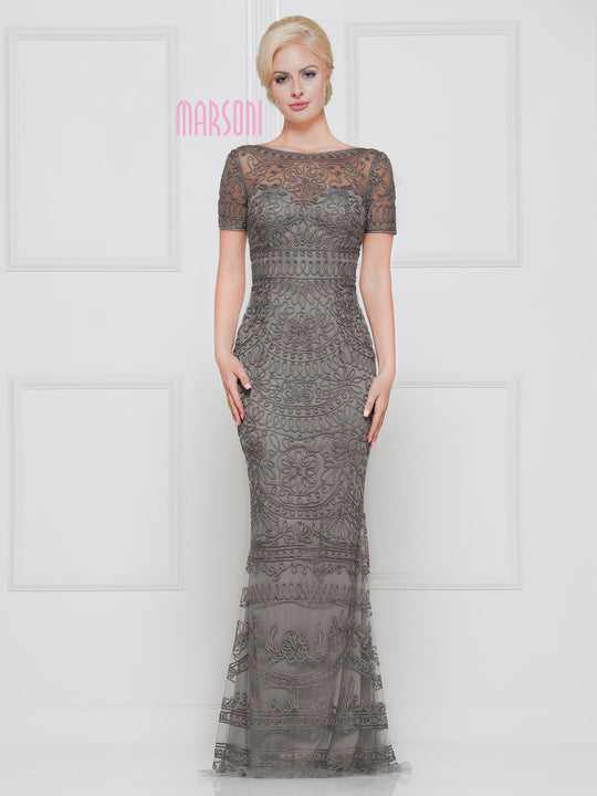 Marsoni By Colors - M269 Mesh Overlay Sheath gown with Metallic Ribbon In Gray