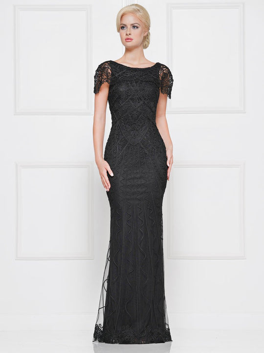 Marsoni By Colors - M270 Short Sleeve Soutache-Detailed Sheath Gown In Black