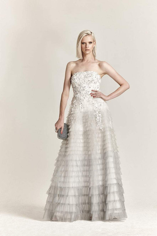 Park 108 - M300 Strapless Beaded Tulle Ombre A-line Dress in Silver and White