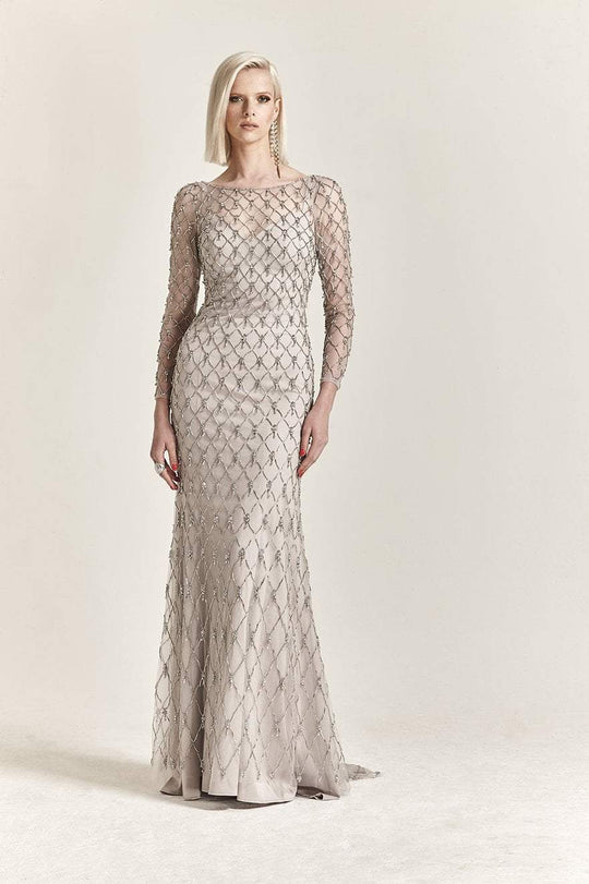 Park 108 - M301 Geometric Crystal Beaded Long Sleeve Sheath Dress in Silver