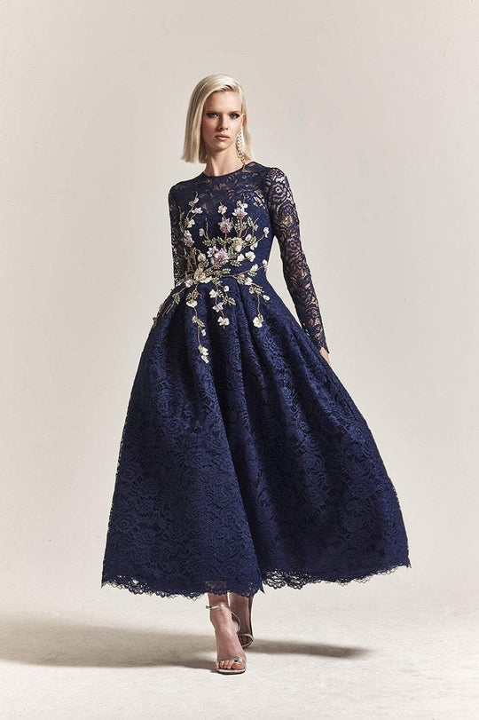Park 108 - M302 Floral Embroidered Jewel Tea Length Dress In Blue