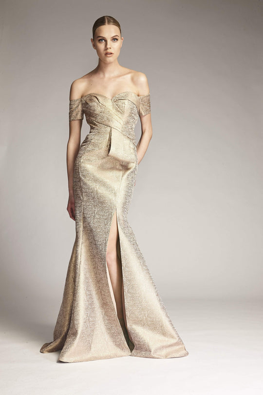 Park 108 - M319 Off-Shoulder Trumpet Evening Gown with Slit In Gold