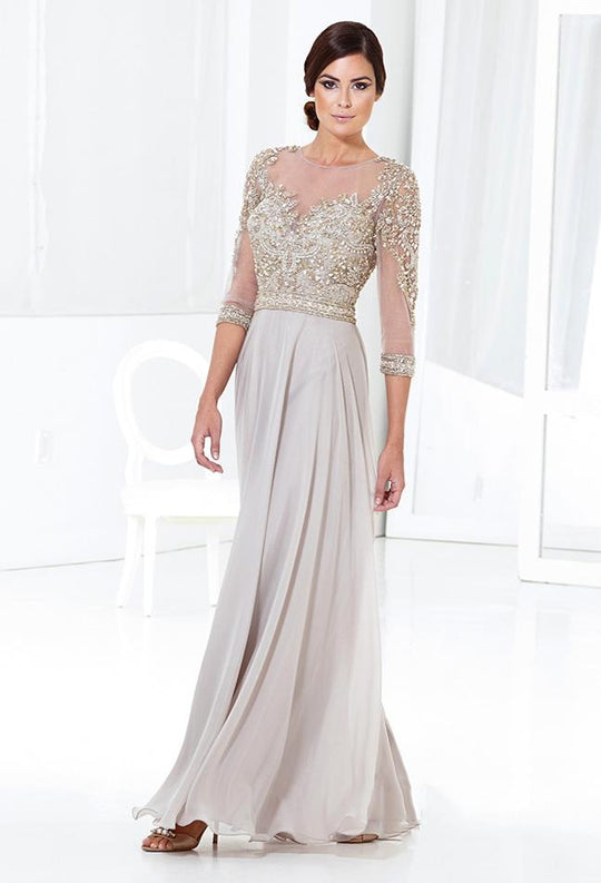 Terani Couture - Elegantly Embellished Three-Quarter Sleeves Evening Gown M3810 In Lt taupe