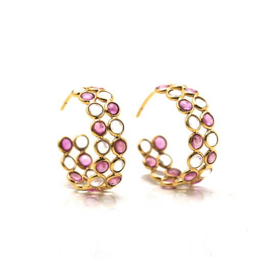 Tresor Collection - Rainbow Moonstone and Pink Tourmaline Hoop Earrings in 18K Yellow Gold
