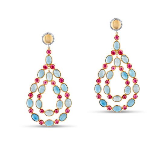 18k Yellow Gold Earrings with Aquamarine, Pink Tourmaline and Diamonds
