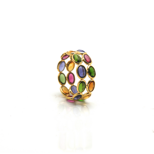 Multicolor Tourmaline Double Row Ring in 18k Yellow Gold