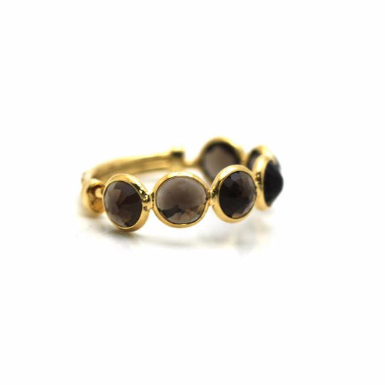 Smoky Quartz Round Stackable Ring Band with Adjustable Shank in 18k Yellow Gold