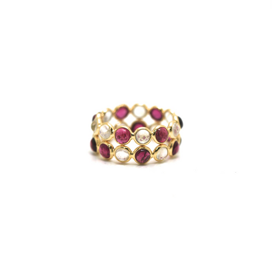 Rainbow Moonstone & Pink Tourmaline  Double Row Ring Band in 18K Yellow Gold